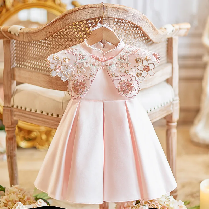 2025 New Children Satin Pink Princess Ball Gown Girls Cute Birthday Baptism Wedding Party Dress g227