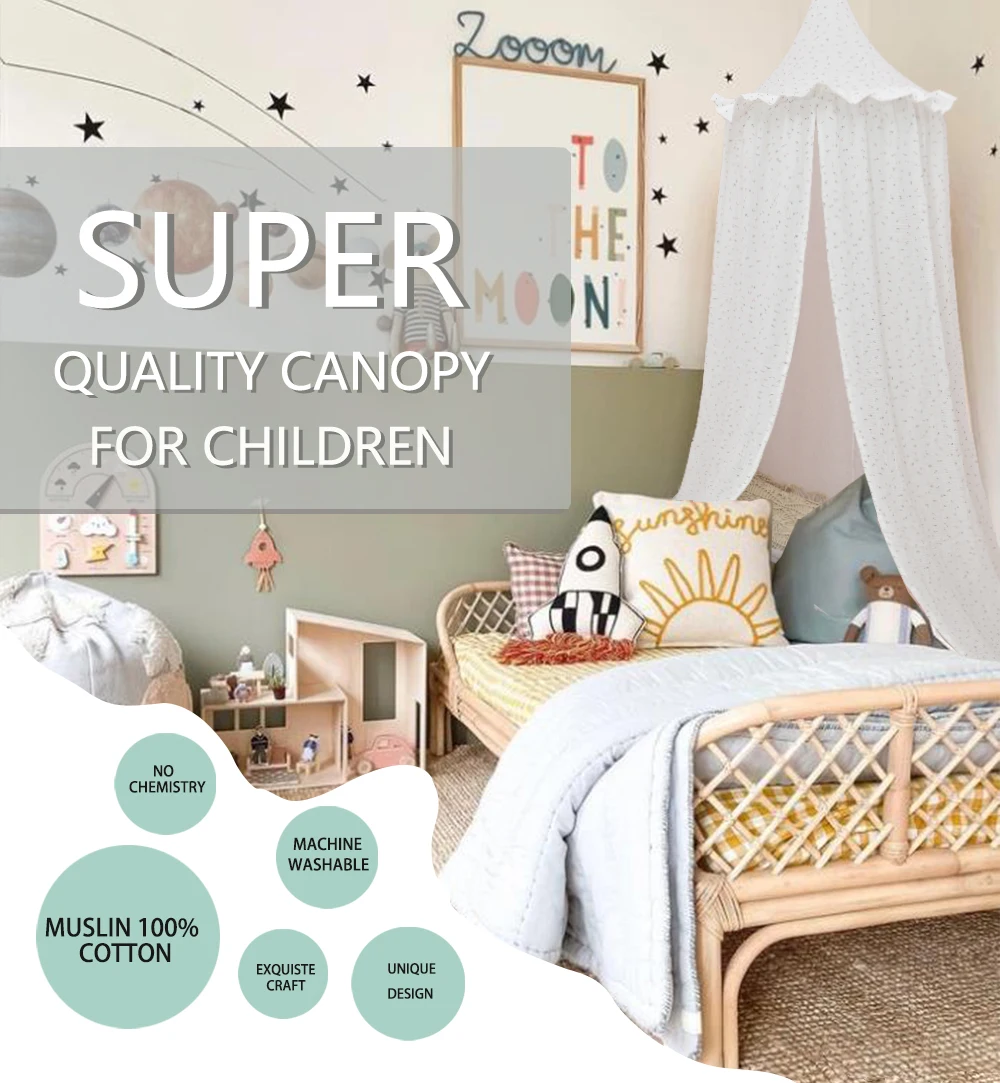 OEKO-Tex Certificated Premium Muslin 100% Cotton Bed Baldachin Hanging Play Canopy for Baby Kids Room
