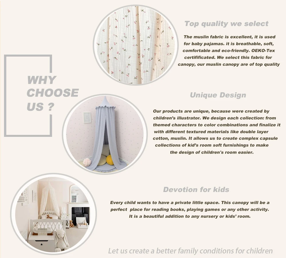 OEKO-Tex Certificated Premium Muslin 100% Cotton Bed Baldachin Hanging Play Canopy for Baby Kids Room