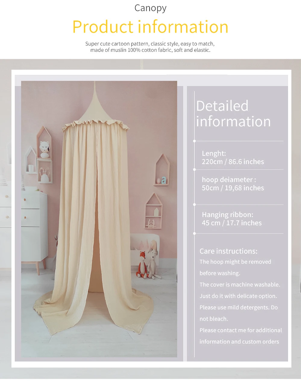OEKO-Tex Certificated Premium Muslin 100% Cotton Bed Baldachin Hanging Play Canopy for Baby Kids Room