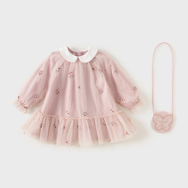 Dave Bella Mesh Floral Princess Dress Girls Baby Children 2025 New Autumn Sweet Charm Pink Fashion Long Sleeved Dress DB3242681