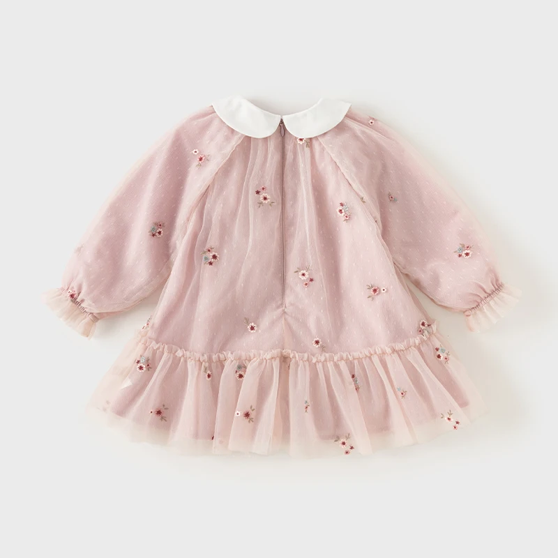 Dave Bella Mesh Floral Princess Dress Girls Baby Children 2025 New Autumn Sweet Charm Pink Fashion Long Sleeved Dress DB3242681