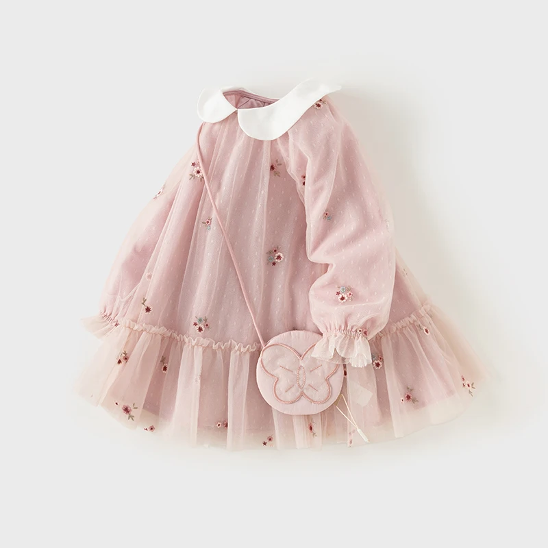Dave Bella Mesh Floral Princess Dress Girls Baby Children 2025 New Autumn Sweet Charm Pink Fashion Long Sleeved Dress DB3242681