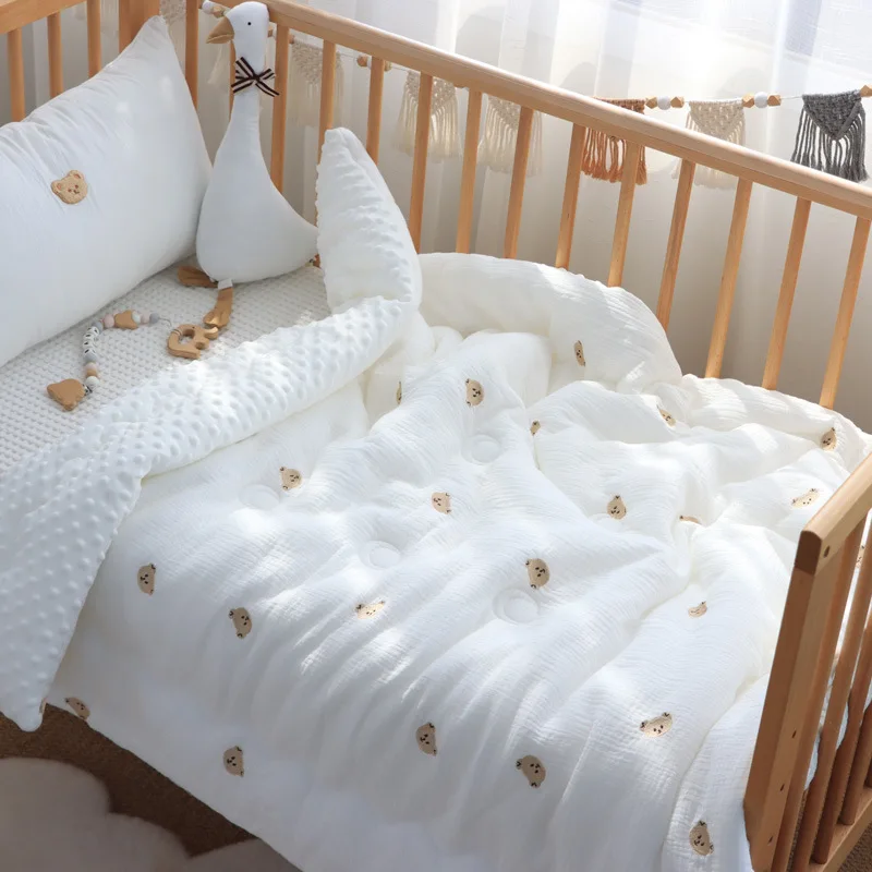 100/150cm Winter Thick Muslin Cotton Embroidered Bear Tiger Baby Duvet Newborn Thermal Comforter Baby Crib Blanket with Filler