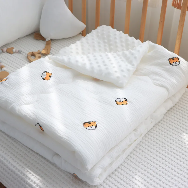 100/150cm Winter Thick Muslin Cotton Embroidered Bear Tiger Baby Duvet Newborn Thermal Comforter Baby Crib Blanket with Filler