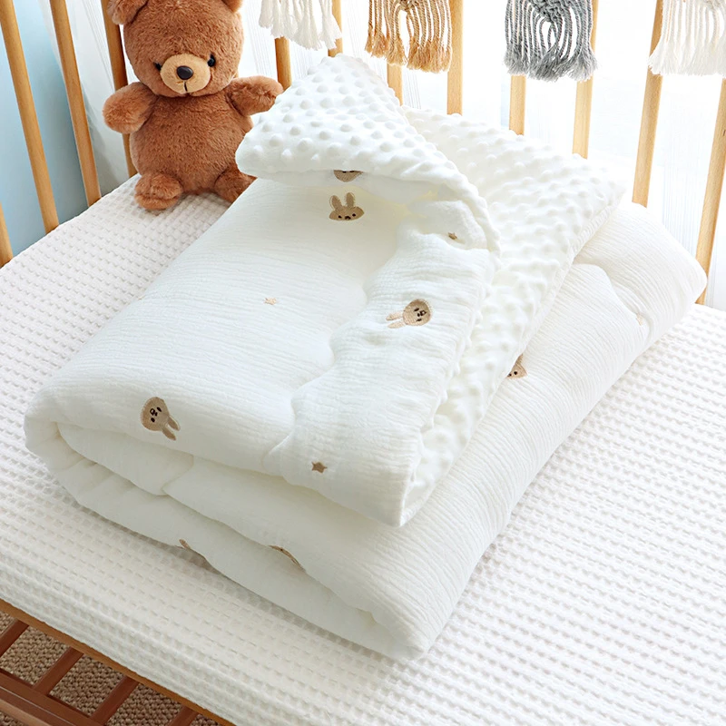 100/150cm Winter Thick Muslin Cotton Embroidered Bear Tiger Baby Duvet Newborn Thermal Comforter Baby Crib Blanket with Filler