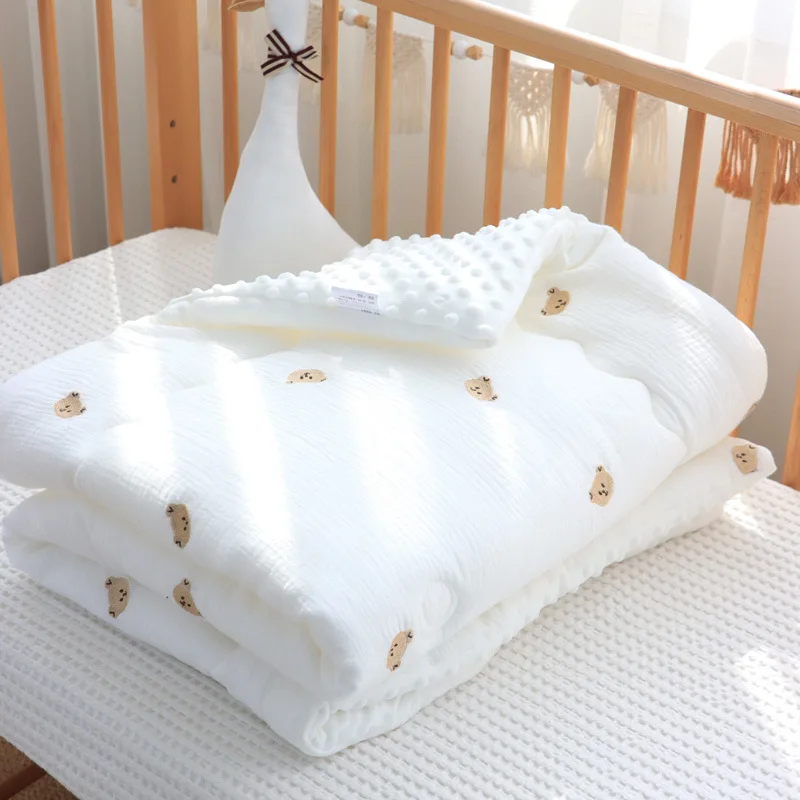 100/150cm Winter Thick Muslin Cotton Embroidered Bear Tiger Baby Duvet Newborn Thermal Comforter Baby Crib Blanket with Filler
