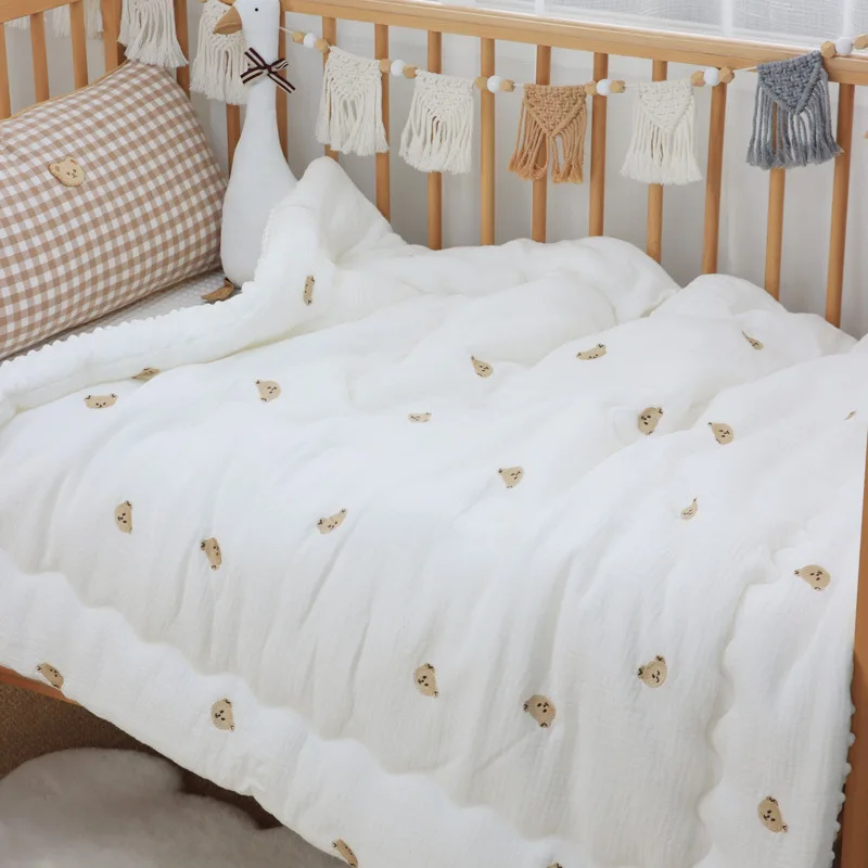100/150cm Winter Thick Muslin Cotton Embroidered Bear Tiger Baby Duvet Newborn Thermal Comforter Baby Crib Blanket with Filler