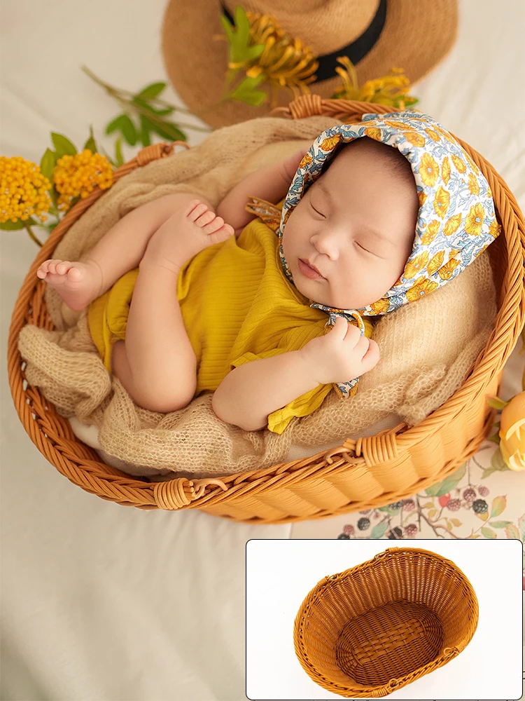 Simple Rattan Basket Photography Props Newborn Photoshoot Props Handmade Woven Retro Bamboo Baskets Studio Shooting Accessories
