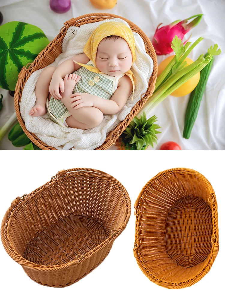 Simple Rattan Basket Photography Props Newborn Photoshoot Props Handmade Woven Retro Bamboo Baskets Studio Shooting Accessories