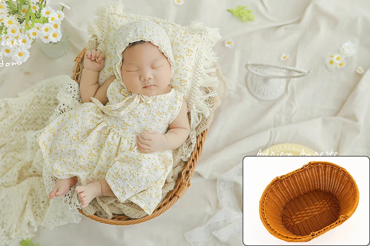 Simple Rattan Basket Photography Props Newborn Photoshoot Props Handmade Woven Retro Bamboo Baskets Studio Shooting Accessories