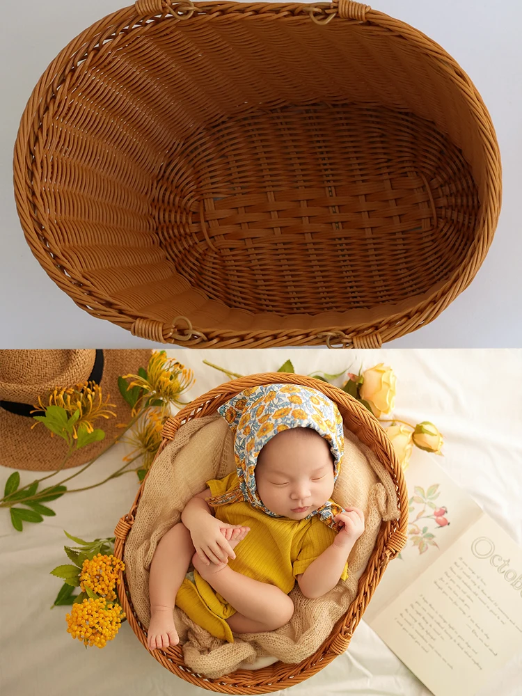 Simple Rattan Basket Photography Props Newborn Photoshoot Props Handmade Woven Retro Bamboo Baskets Studio Shooting Accessories