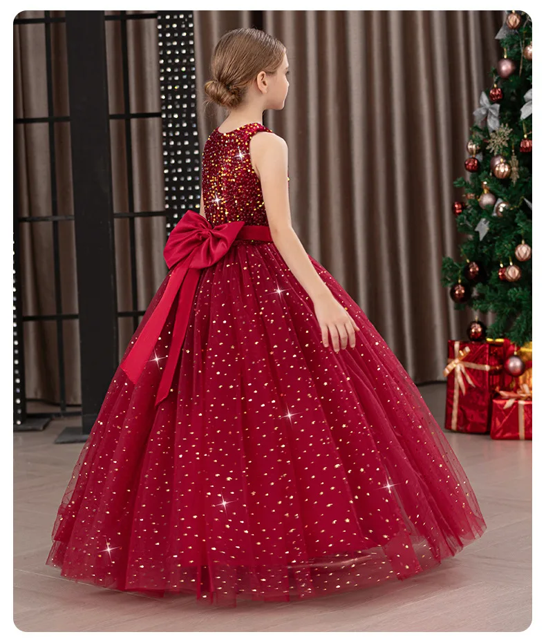 Girls' Long Sparkly Princess Dress – Full Tulle Skirt with Sequin Bodice & Bow, Elegant Flower Girl & Recital Gown for Birthdays