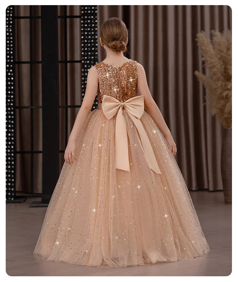 Girls' Long Sparkly Princess Dress – Full Tulle Skirt with Sequin Bodice & Bow, Elegant Flower Girl & Recital Gown for Birthdays