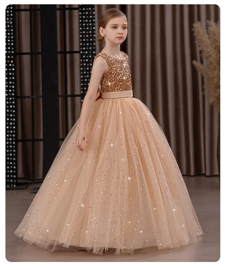 Girls' Long Sparkly Princess Dress – Full Tulle Skirt with Sequin Bodice & Bow, Elegant Flower Girl & Recital Gown for Birthdays
