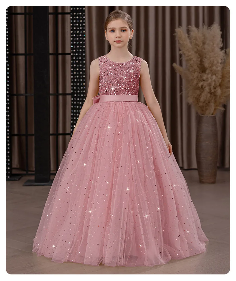 Girls' Long Sparkly Princess Dress – Full Tulle Skirt with Sequin Bodice & Bow, Elegant Flower Girl & Recital Gown for Birthdays
