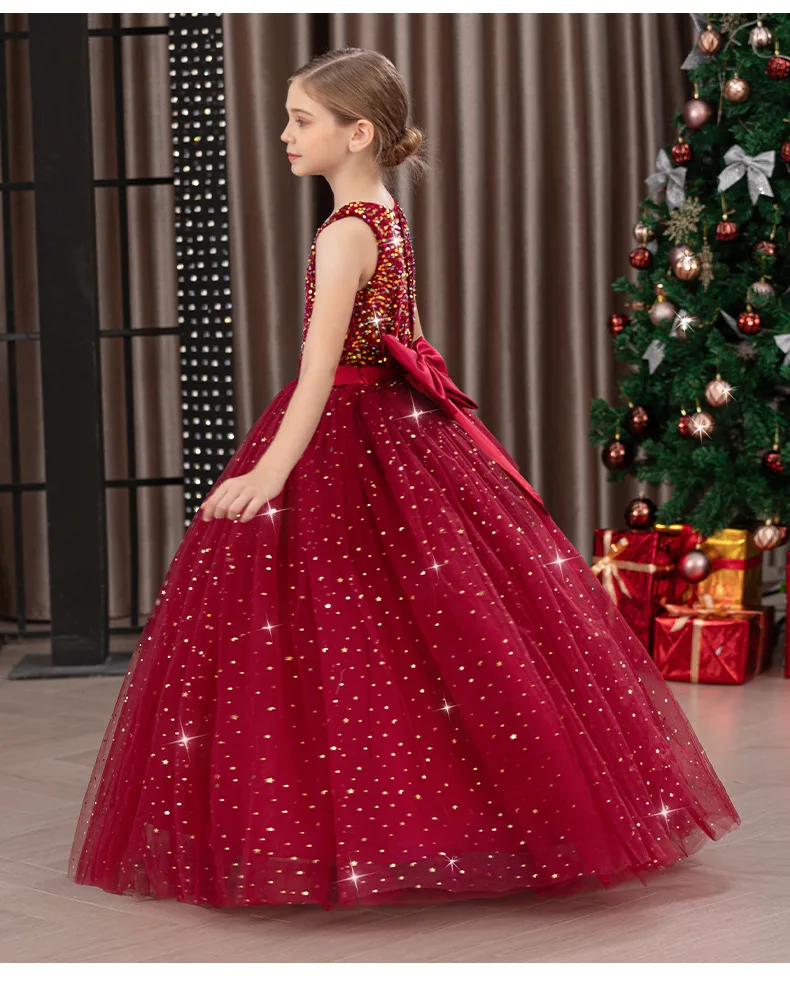 Girls' Long Sparkly Princess Dress – Full Tulle Skirt with Sequin Bodice & Bow, Elegant Flower Girl & Recital Gown for Birthdays