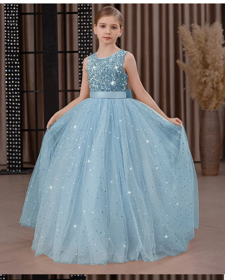Girls' Long Sparkly Princess Dress – Full Tulle Skirt with Sequin Bodice & Bow, Elegant Flower Girl & Recital Gown for Birthdays