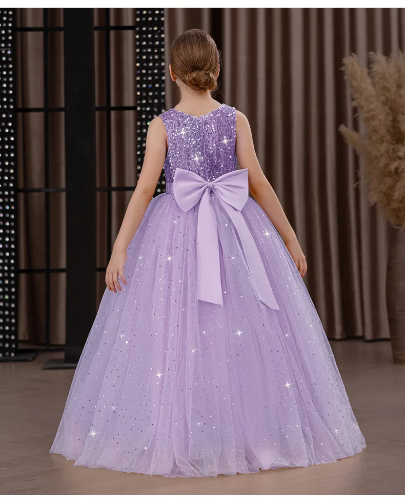 Girls' Long Sparkly Princess Dress – Full Tulle Skirt with Sequin Bodice & Bow, Elegant Flower Girl & Recital Gown for Birthdays