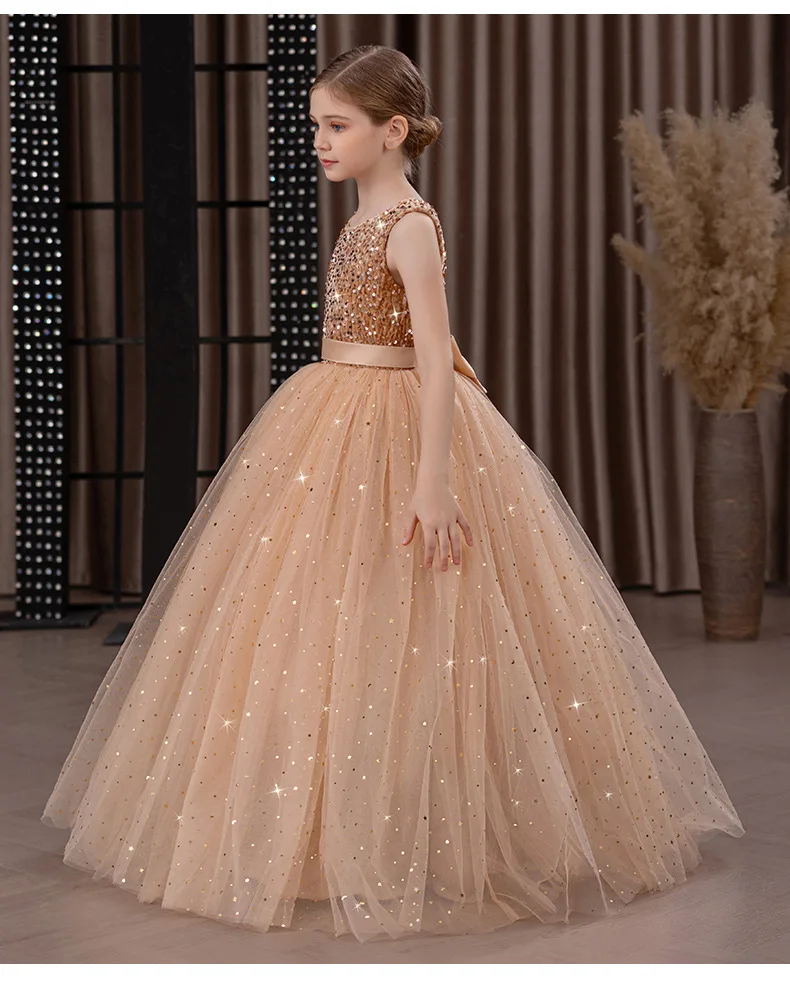 Girls' Long Sparkly Princess Dress – Full Tulle Skirt with Sequin Bodice & Bow, Elegant Flower Girl & Recital Gown for Birthdays