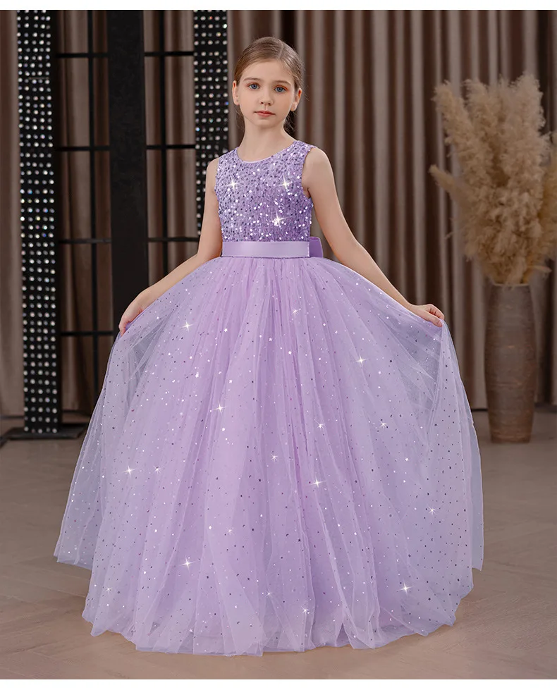 Girls' Long Sparkly Princess Dress – Full Tulle Skirt with Sequin Bodice & Bow, Elegant Flower Girl & Recital Gown for Birthdays