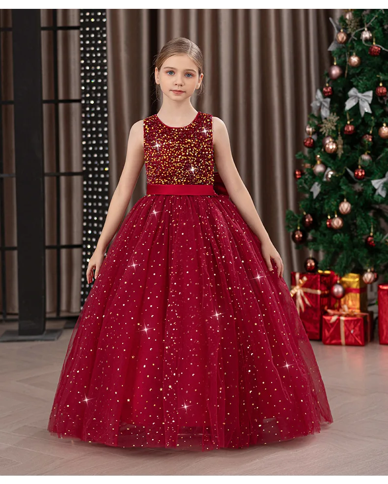 Girls' Long Sparkly Princess Dress – Full Tulle Skirt with Sequin Bodice & Bow, Elegant Flower Girl & Recital Gown for Birthdays