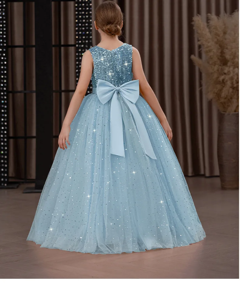 Girls' Long Sparkly Princess Dress – Full Tulle Skirt with Sequin Bodice & Bow, Elegant Flower Girl & Recital Gown for Birthdays