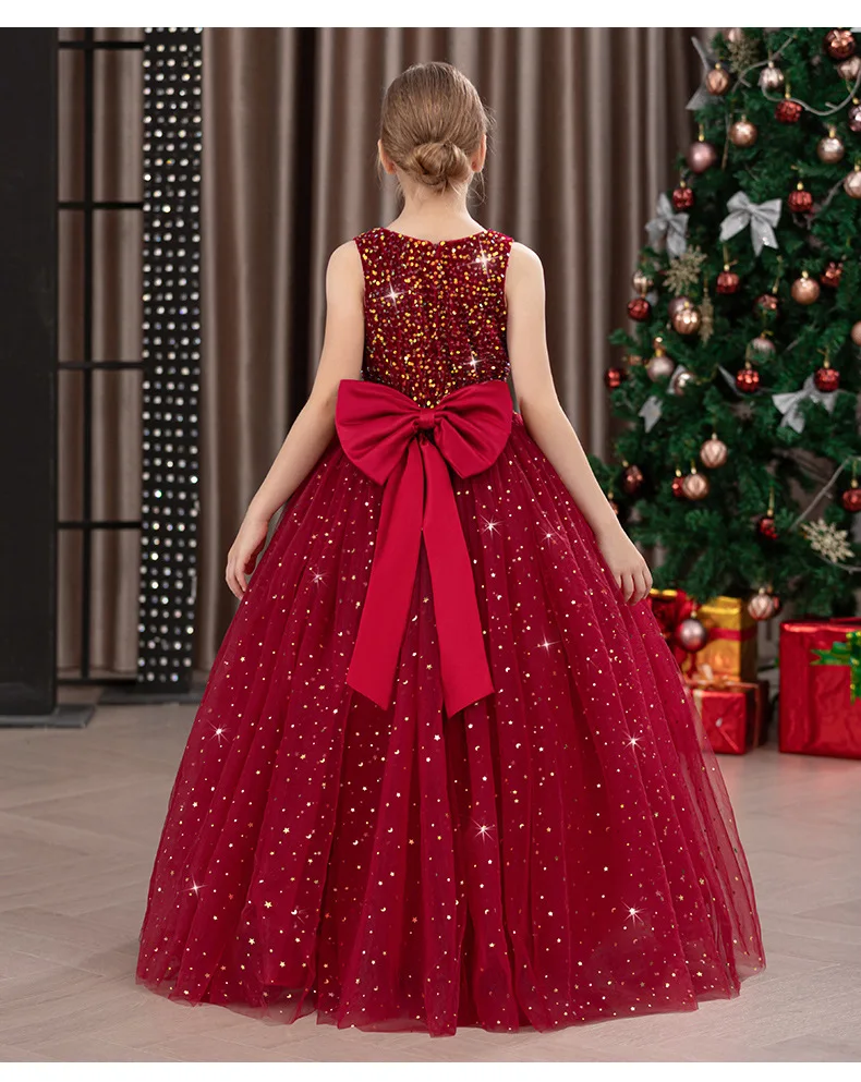 Girls' Long Sparkly Princess Dress – Full Tulle Skirt with Sequin Bodice & Bow, Elegant Flower Girl & Recital Gown for Birthdays