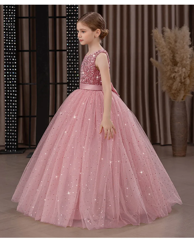 Girls' Long Sparkly Princess Dress – Full Tulle Skirt with Sequin Bodice & Bow, Elegant Flower Girl & Recital Gown for Birthdays
