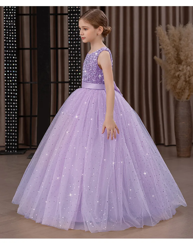 Girls' Long Sparkly Princess Dress – Full Tulle Skirt with Sequin Bodice & Bow, Elegant Flower Girl & Recital Gown for Birthdays