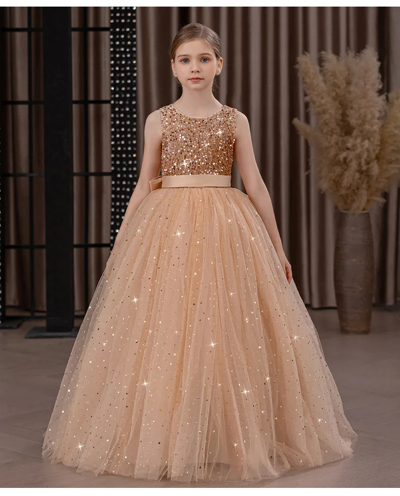 Girls' Long Sparkly Princess Dress – Full Tulle Skirt with Sequin Bodice & Bow, Elegant Flower Girl & Recital Gown for Birthdays