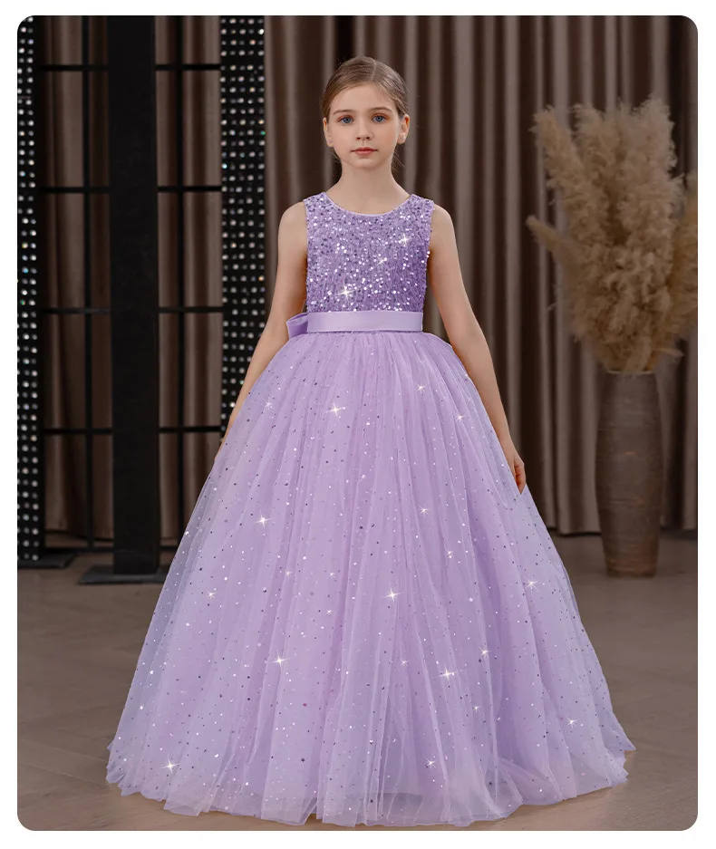 Girls' Long Sparkly Princess Dress – Full Tulle Skirt with Sequin Bodice & Bow, Elegant Flower Girl & Recital Gown for Birthdays