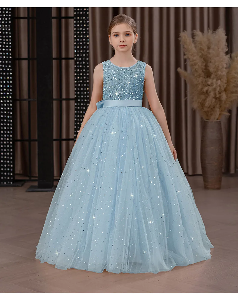 Girls' Long Sparkly Princess Dress – Full Tulle Skirt with Sequin Bodice & Bow, Elegant Flower Girl & Recital Gown for Birthdays