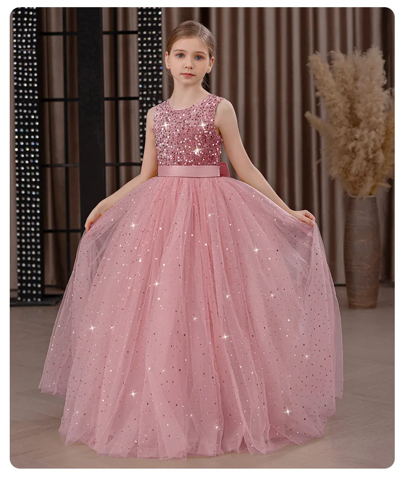Girls' Long Sparkly Princess Dress – Full Tulle Skirt with Sequin Bodice & Bow, Elegant Flower Girl & Recital Gown for Birthdays