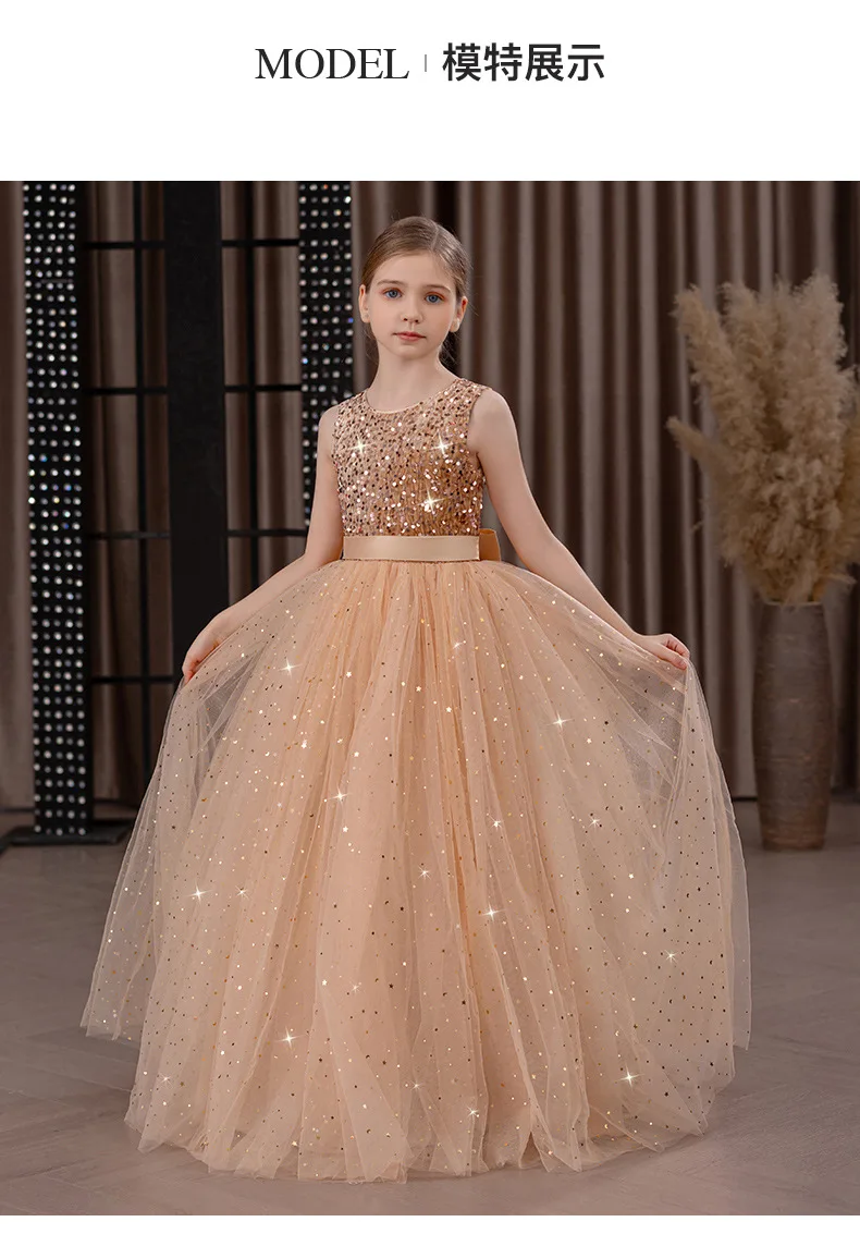 Girls' Long Sparkly Princess Dress – Full Tulle Skirt with Sequin Bodice & Bow, Elegant Flower Girl & Recital Gown for Birthdays