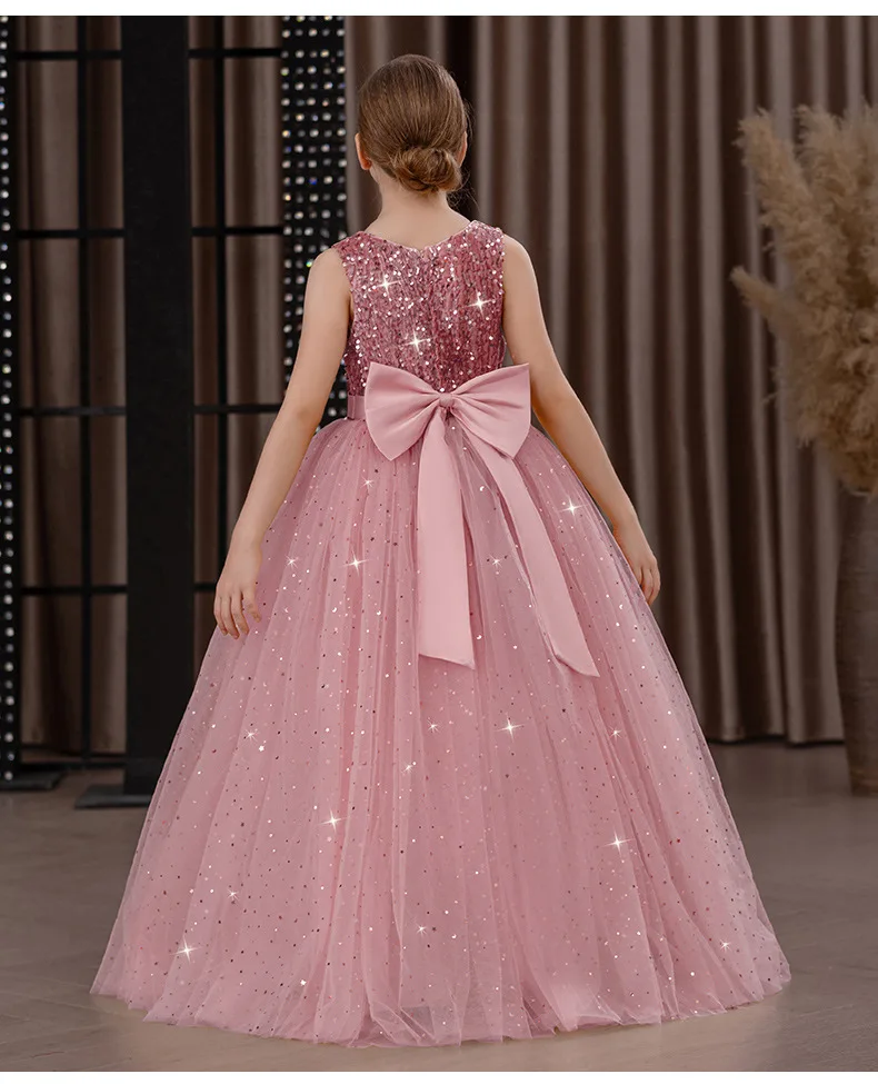 Girls' Long Sparkly Princess Dress – Full Tulle Skirt with Sequin Bodice & Bow, Elegant Flower Girl & Recital Gown for Birthdays