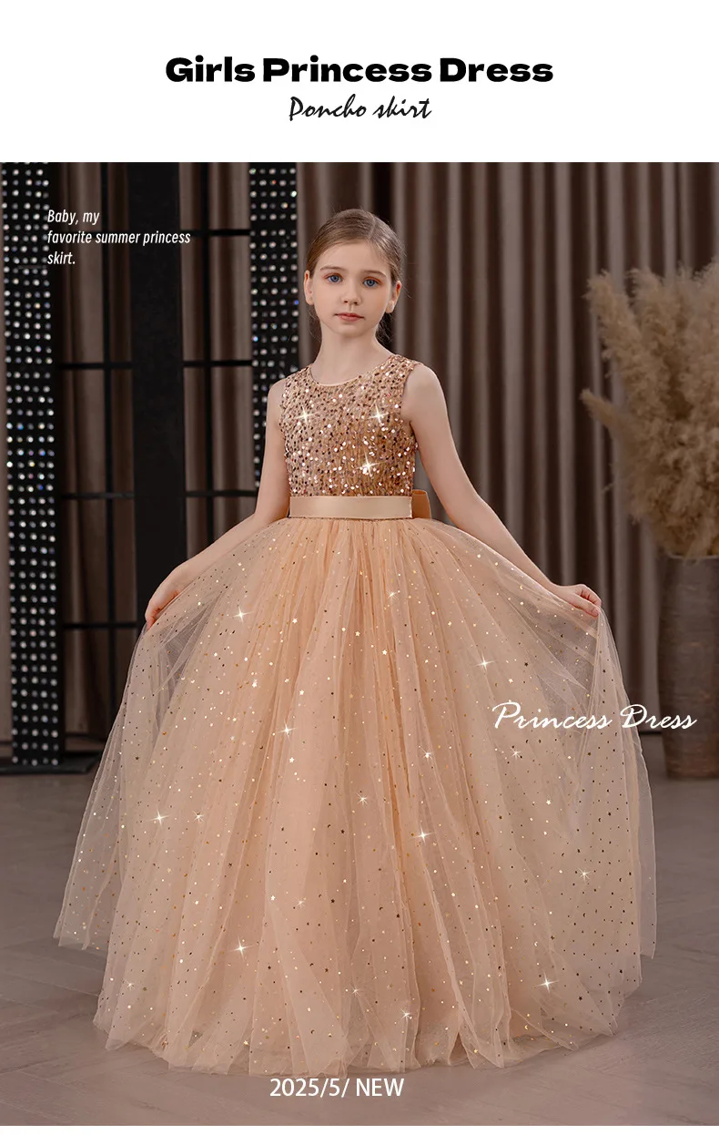 Girls' Long Sparkly Princess Dress – Full Tulle Skirt with Sequin Bodice & Bow, Elegant Flower Girl & Recital Gown for Birthdays