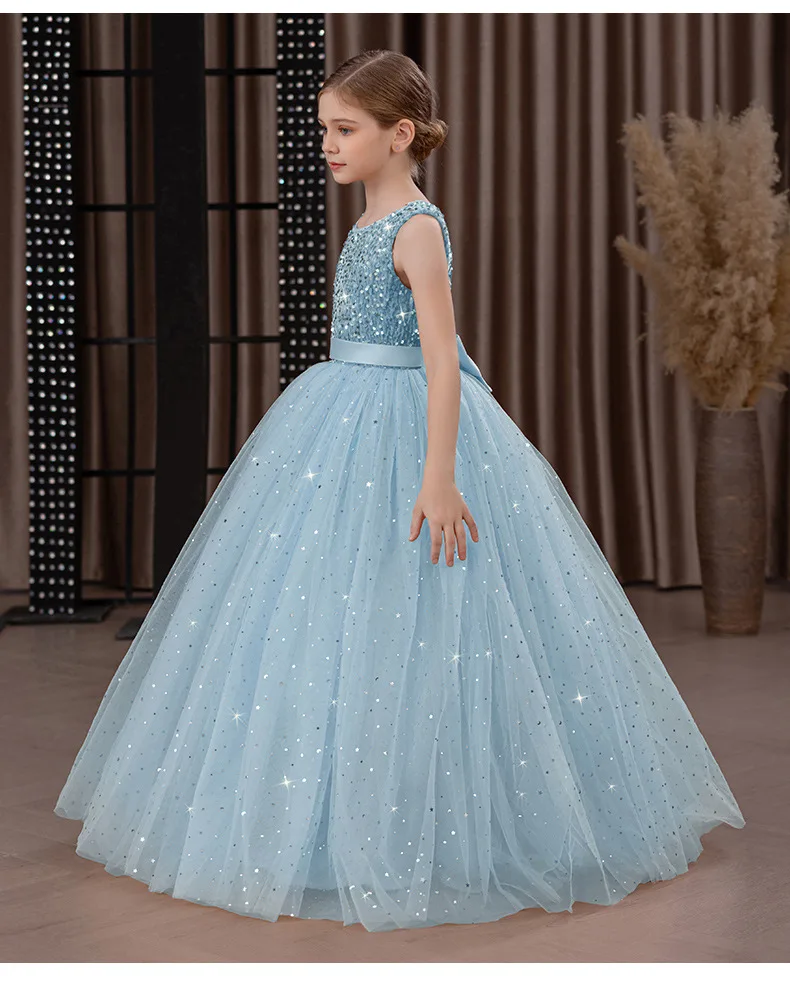 Girls' Long Sparkly Princess Dress – Full Tulle Skirt with Sequin Bodice & Bow, Elegant Flower Girl & Recital Gown for Birthdays