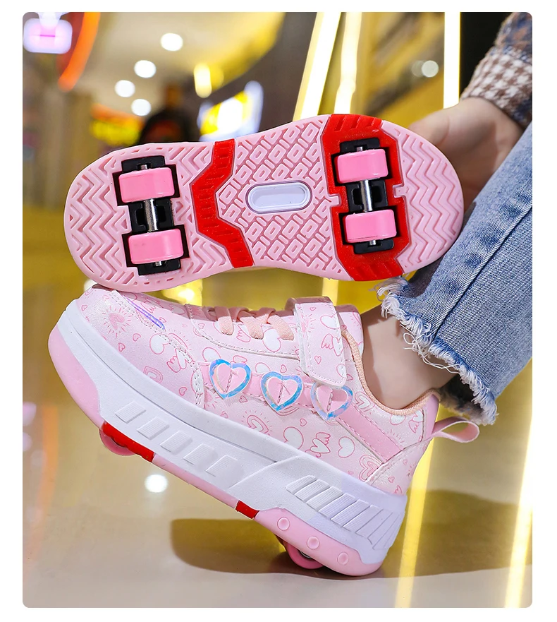 Children's Skateboard Shoes Walking Rolling Dual-Use Comfortable Wear-resistant Outdoor Roller Skate Sneakers Girls Boys 4 Wheel
