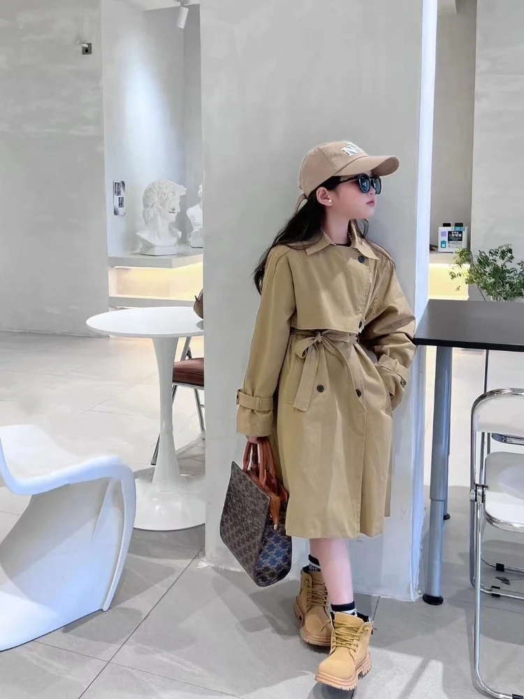Girl's Trendy British Style Trench Coat Autumn Outerwear Mid Length Two Piece Tie Belt Streetwear Coat