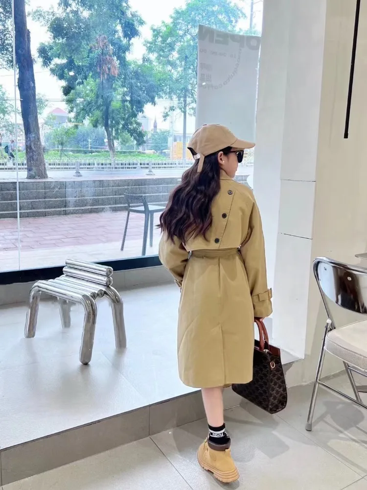 Girl's Trendy British Style Trench Coat Autumn Outerwear Mid Length Two Piece Tie Belt Streetwear Coat