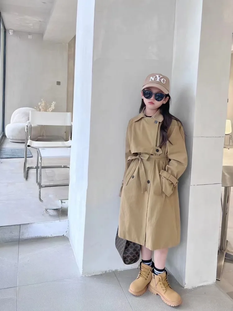 Girl's Trendy British Style Trench Coat Autumn Outerwear Mid Length Two Piece Tie Belt Streetwear Coat
