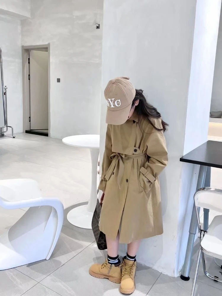 Girl's Trendy British Style Trench Coat Autumn Outerwear Mid Length Two Piece Tie Belt Streetwear Coat