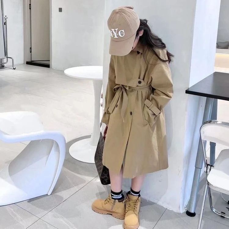 Girl's Trendy British Style Trench Coat Autumn Outerwear Mid Length Two Piece Tie Belt Streetwear Coat
