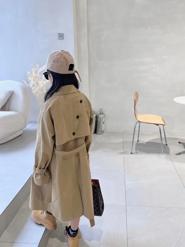 Girl's Trendy British Style Trench Coat Autumn Outerwear Mid Length Two Piece Tie Belt Streetwear Coat