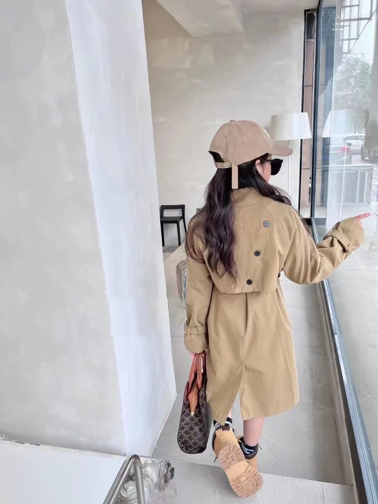 Girl's Trendy British Style Trench Coat Autumn Outerwear Mid Length Two Piece Tie Belt Streetwear Coat