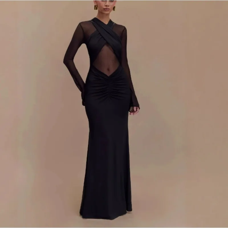 Black Sheer Maternity Dress, Mesh Long Sleeve Bodycon Maxi Gown for Bump Revealing Photoshoot, Sexy Pregnancy Evening Wear