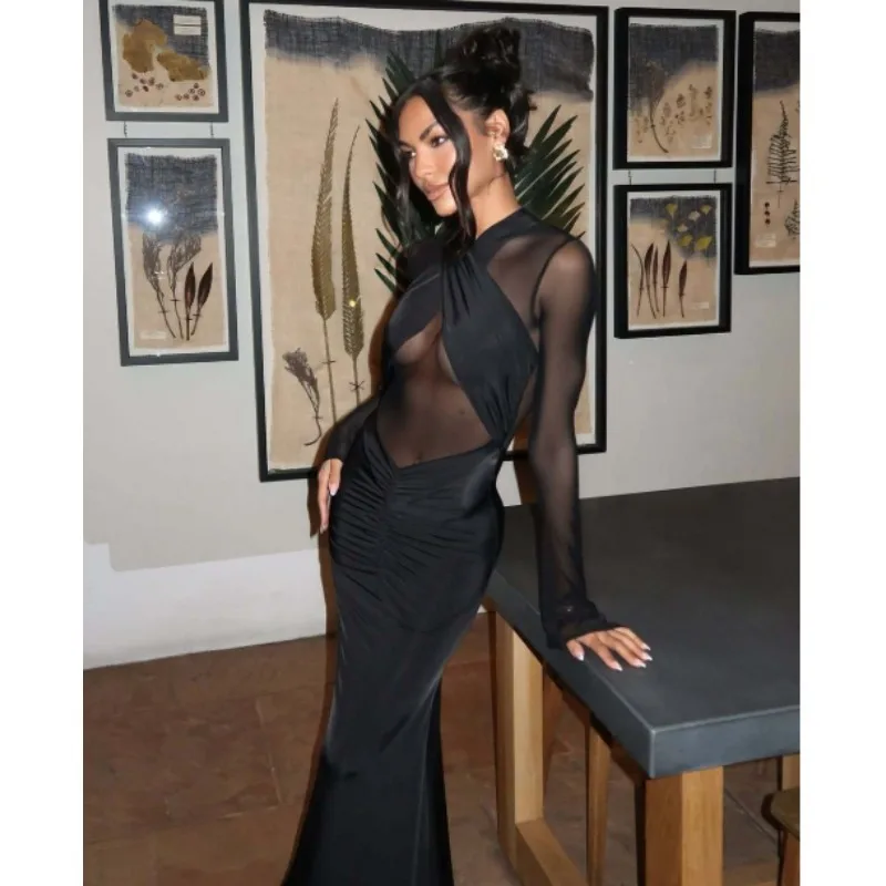 Black Sheer Maternity Dress, Mesh Long Sleeve Bodycon Maxi Gown for Bump Revealing Photoshoot, Sexy Pregnancy Evening Wear