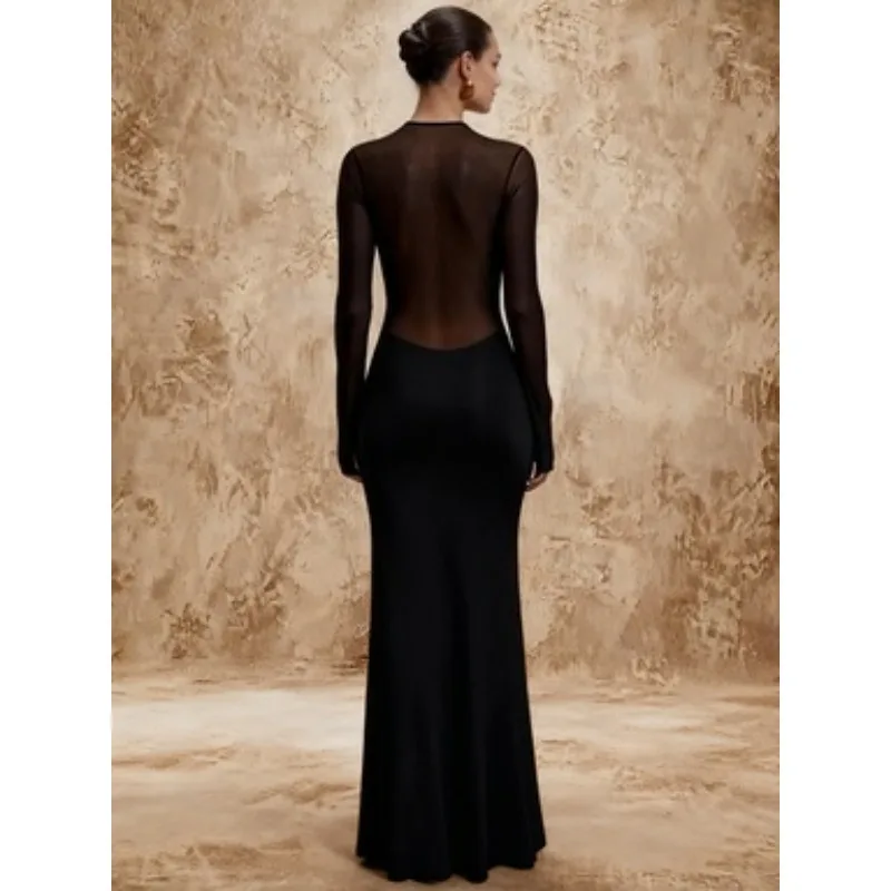 Black Sheer Maternity Dress, Mesh Long Sleeve Bodycon Maxi Gown for Bump Revealing Photoshoot, Sexy Pregnancy Evening Wear