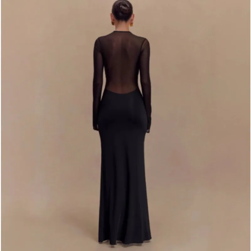 Black Sheer Maternity Dress, Mesh Long Sleeve Bodycon Maxi Gown for Bump Revealing Photoshoot, Sexy Pregnancy Evening Wear